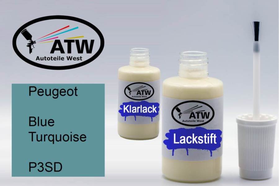 Peugeot, Blue Turquoise, P3SD: 20ml Lackstift + 20ml Klarlack - Set, von ATW Autoteile West.